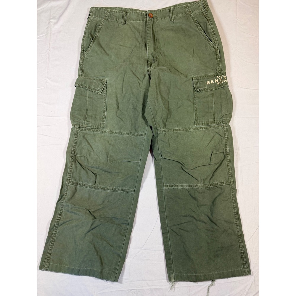 Benetton USA Mens Vintage Cargo Pants Olive Green Wide Leg 36x27 90s Gorpcore